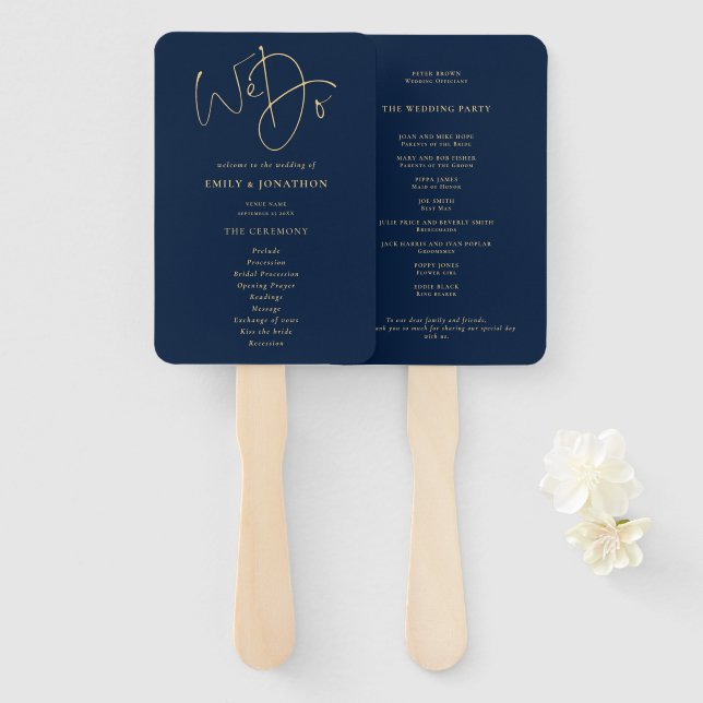 Elegant Gold Navy Blue We Do Wedding Program Hand Fan (Front and Back)