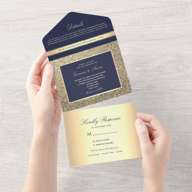 Elegant Gold Navy Blue Wedding Invitation (Tearaway)