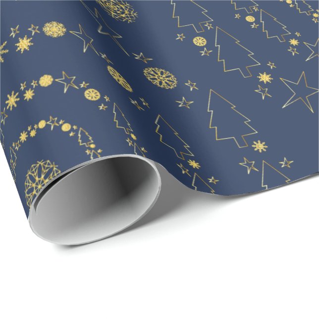 Elegant Gold Navy Handrawn Chrismas Patterns Wrapping Paper (Roll Corner)