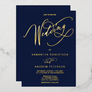 Elegant gold navy minimalist calligraphy wedding