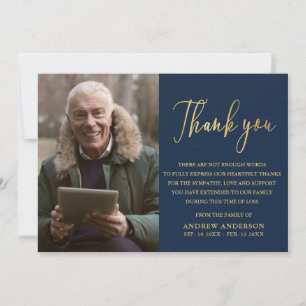 Elegant Gold & Navy Photo Funeral Thank You Card