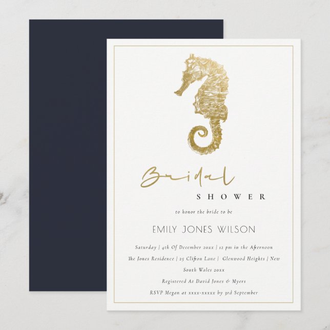 ELEGANT GOLD NAVY SEAHORSE BRIDAL SHOWER INVITE (Front/Back)