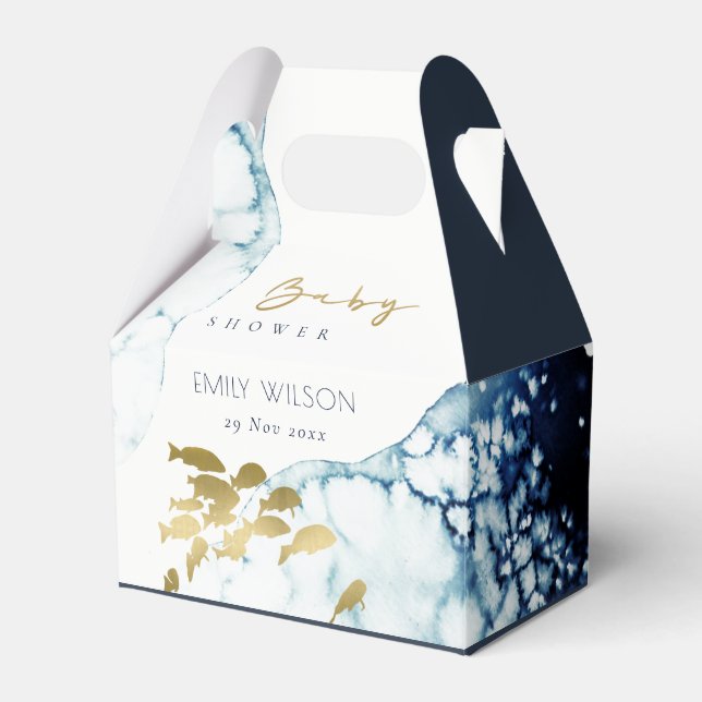 ELEGANT GOLD NAVY UNDERWATER FISH BABY SHOWER FAVOR BOX (Front Side)