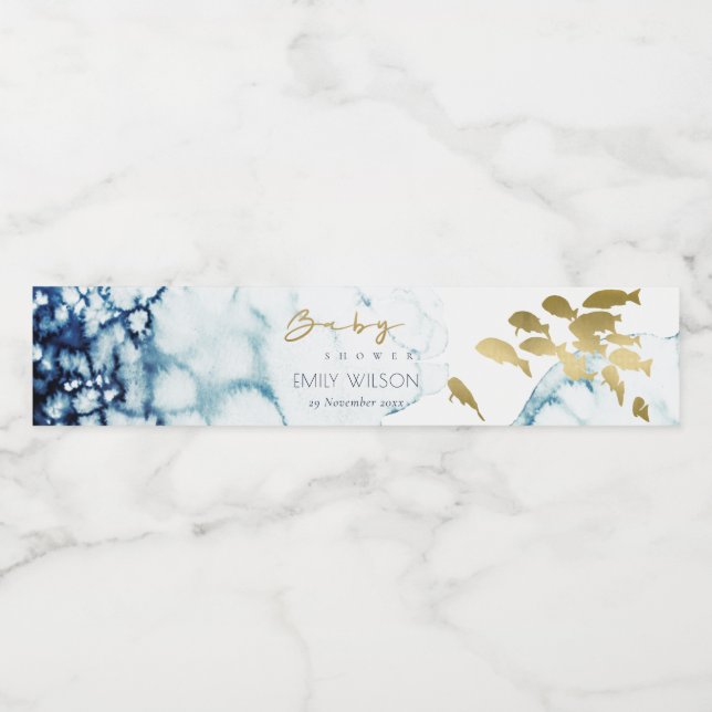 ELEGANT GOLD NAVY UNDERWATER FISH BABY SHOWER WATER BOTTLE LABEL (Single Label)