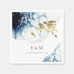 ELEGANT GOLD NAVY UNDERWATER FISH MONOGRAM WEDDING NAPKIN