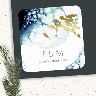 ELEGANT GOLD NAVY UNDERWATER FISH MONOGRAM WEDDING SQUARE STICKER