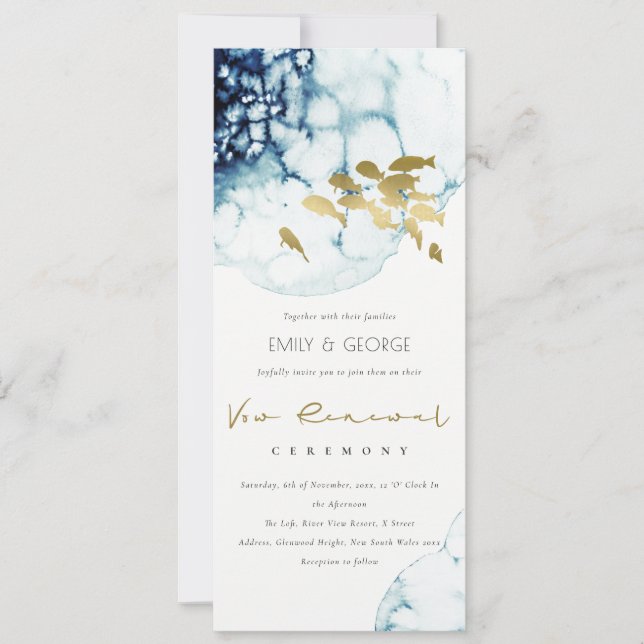 ELEGANT GOLD NAVY UNDERWATER SEA FISH VOW RENEWAL INVITATION (Front)
