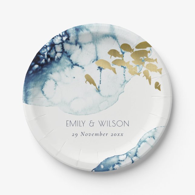 ELEGANT GOLD NAVY UNDERWATER SEA FISH WEDDING PAPER PLATE (Front)