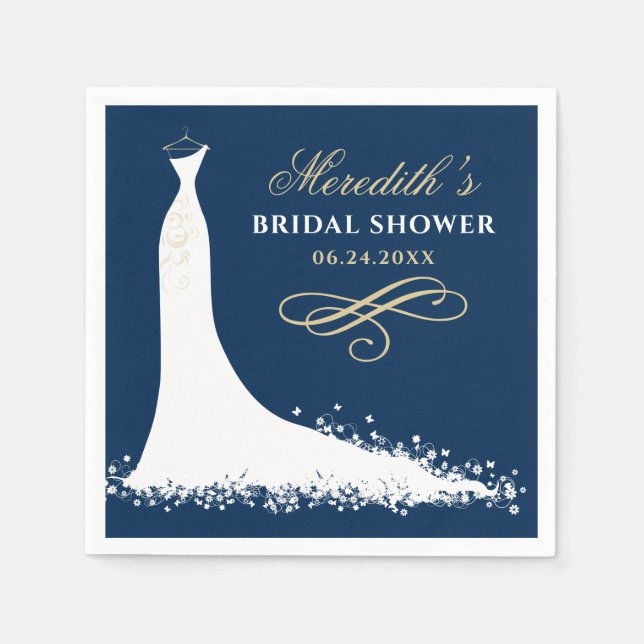 Elegant Gold Navy Wedding Gown Bridal Shower Napkin (Front)