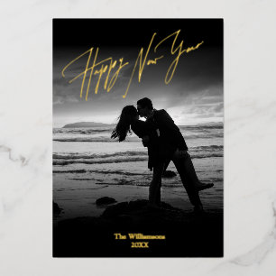 Elegant Gold New Year Script Newlywed Photo Foil Holiday Card
