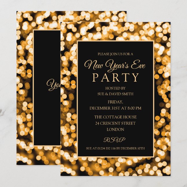 Elegant Gold New Year's Eve String Lights Invitation (Front/Back)