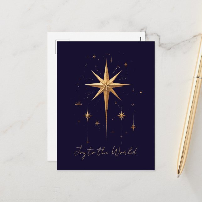 Elegant Gold North Star on Deep Blue Background Holiday Postcard (Front/Back In Situ)