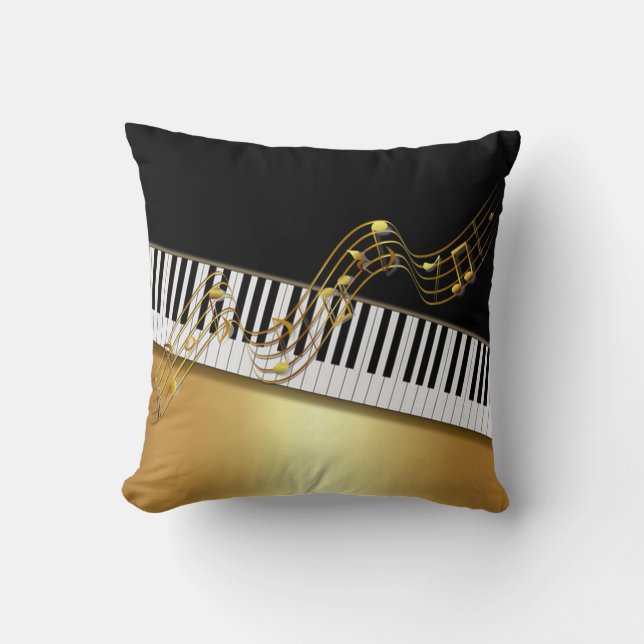 Elegant Gold Notes,Piano Key,Black Throw Pillow (Front)