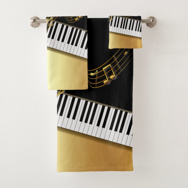 Elegant Gold Notes, Piano Keys,Black Bath Towel Set (Insitu)