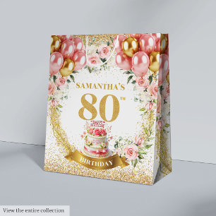 Elegant Gold Number 80th Birthday Blush Floral  Medium Gift Bag