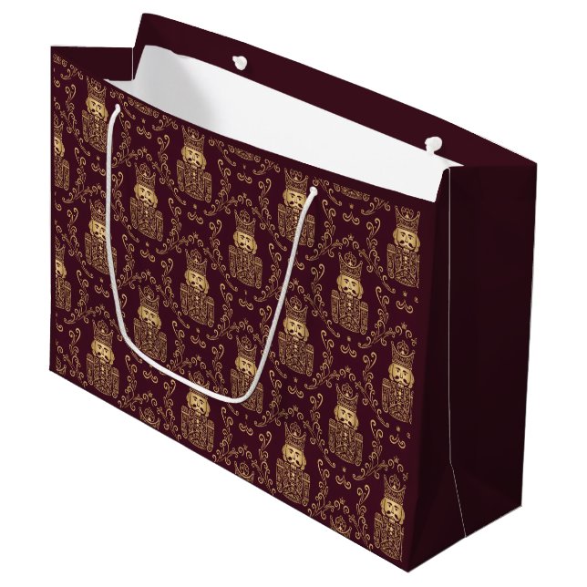 Elegant Gold Nutcracker Christmas Damask Large Gift Bag (Front Angled)