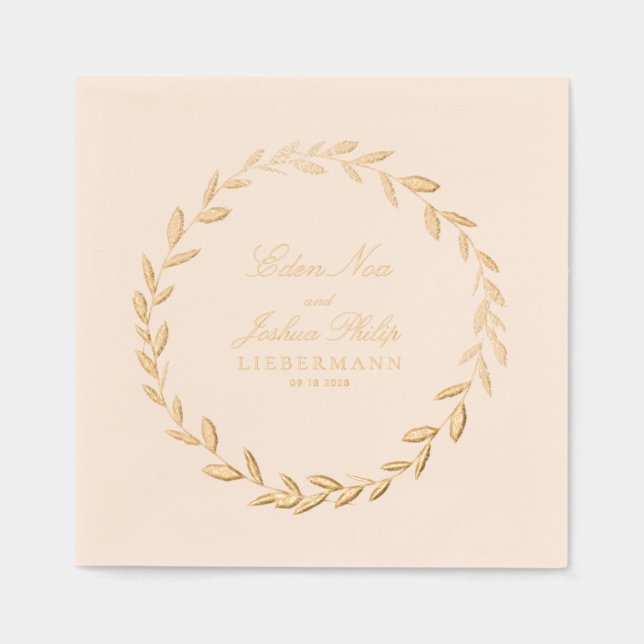 Elegant Gold Olive Branch Wreath Wedding Cocktail Foil Napkins (Front)