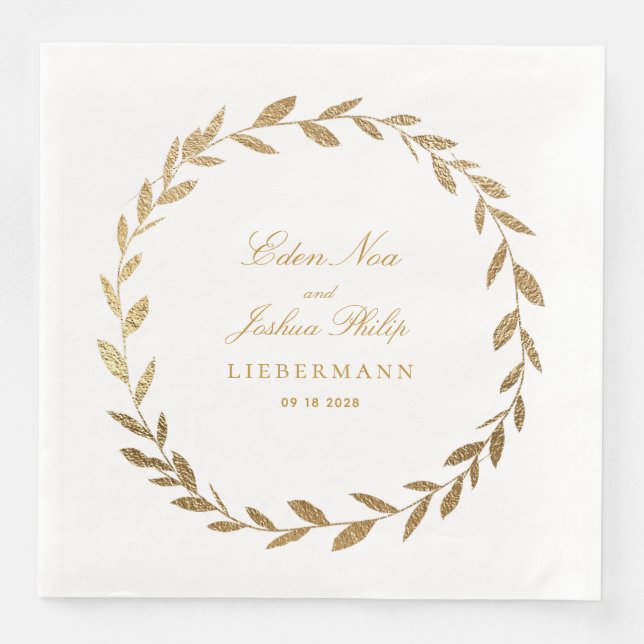 Elegant Gold Olive Branch Wreath Wedding Napkin (Front)