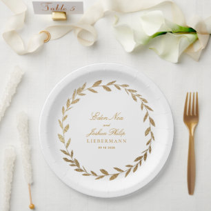 Elegant Gold Olive Branch Wreath Wedding Paper Pla Paper Plate