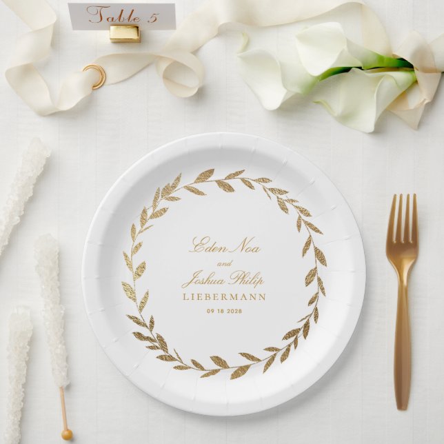 Elegant Gold Olive Branch Wreath Wedding Paper Pla Plate (Wedding)