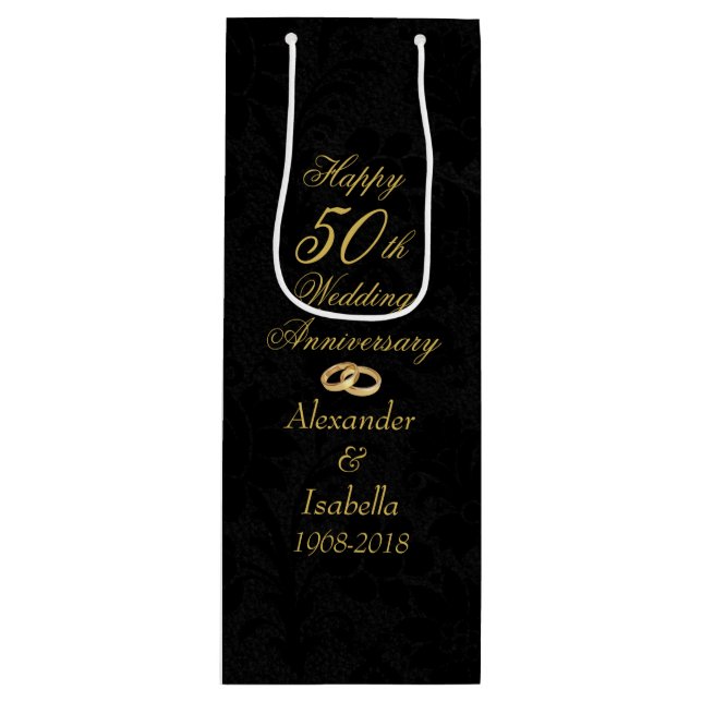 Elegant Gold on Black 50th Wedding Anniversary Wine Gift Bag (Front)