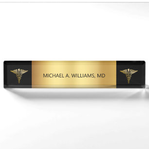 Elegant Gold on Black Caduceus Medical Doctor Nameplate