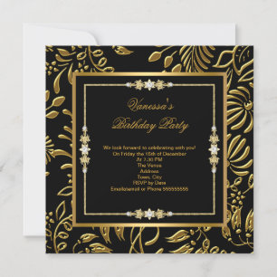 Elegant Gold on Black Damask Floral Birthday Party Invitation