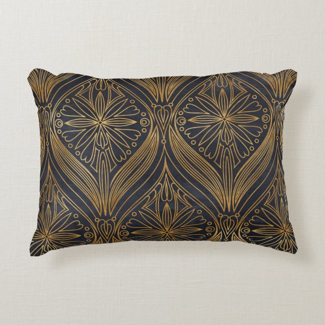 Elegant gold on black damask pattern accent pillow (Front)