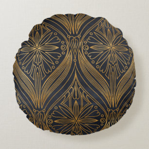 Elegant gold on black damask pattern round pillow