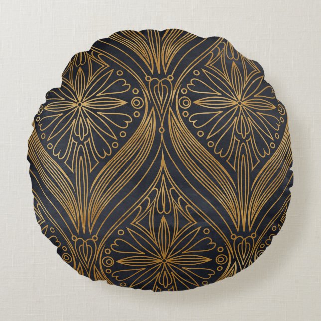 Elegant gold on black damask pattern round pillow (Front)