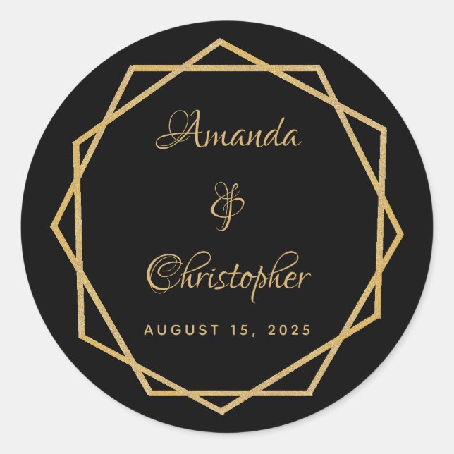 Elegant Gold on Black Modern Geometric Wedding Classic Round Sticker (Front)