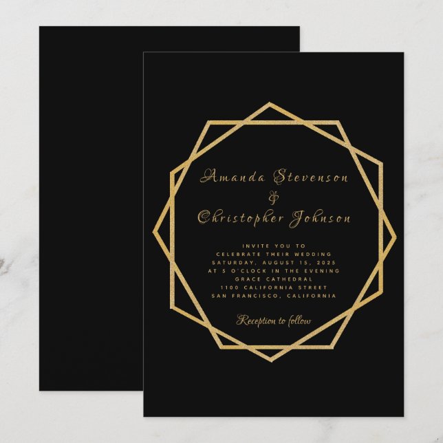Elegant Gold on Black Modern Geometric Wedding Invitation (Front/Back)