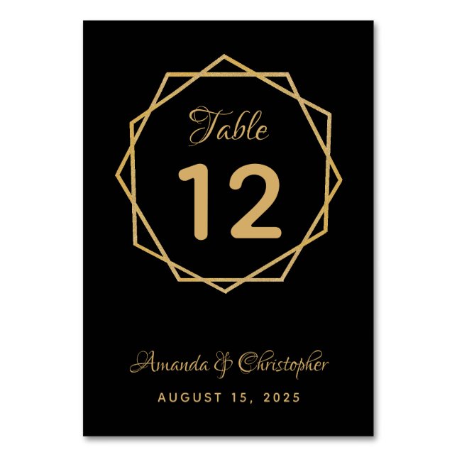 Elegant Gold on Black Modern Geometric Wedding Table Number (Front)