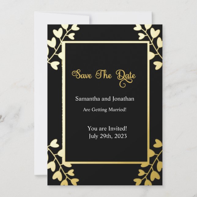 Elegant Gold on Black Save the Date Card (Front)