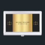 Elegant Gold on Black Scales of Justice Lawyer Business Card Holder<br><div class="desc">This elegant  busines card case for lawyers features a faux gold scales of justice on either side on black. In the centre it's gold with your name and profession in a modern black typography to personalize. Work in style! Designed by Susan Coffey.</div>