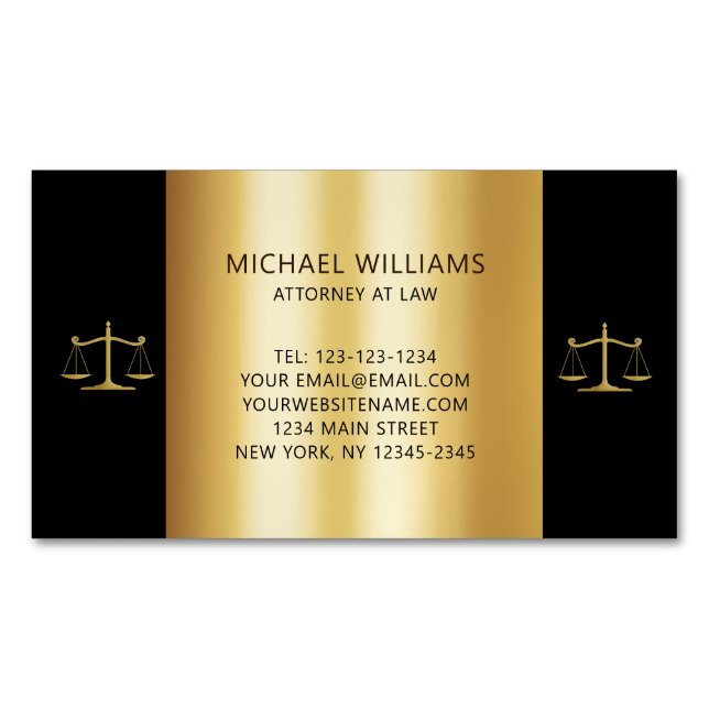 Elegant Gold on Black Scales of Justice Lawyer Magnetic Business Card (Front)