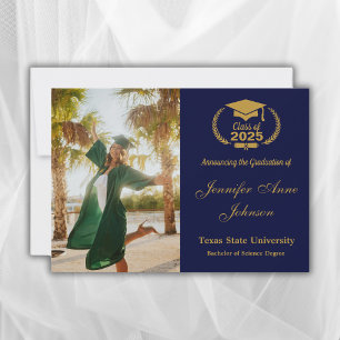 Elegant Gold on Blue Photo Graduation Faire-part