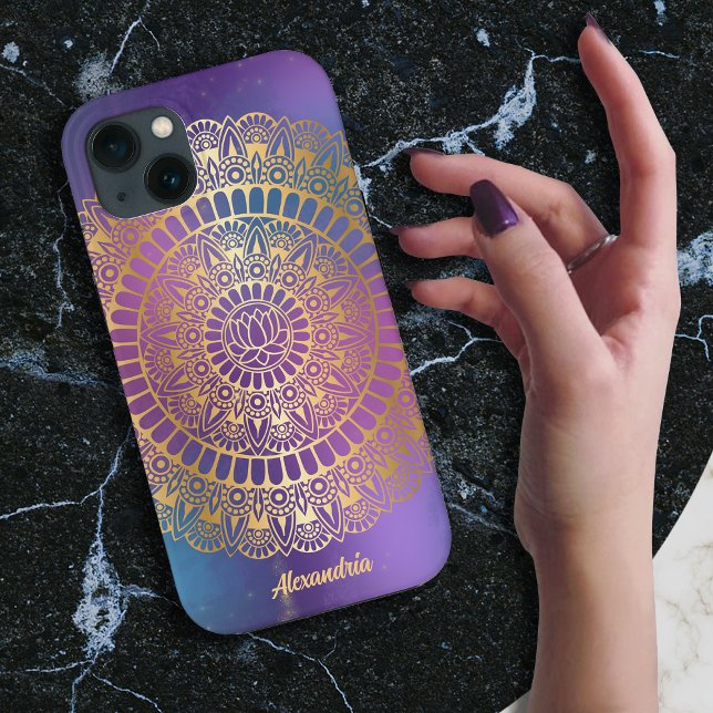 Elegant Gold on Bright Nebula Lotus Henna Mandala Case-Mate iPhone Case (Creator Uploaded)