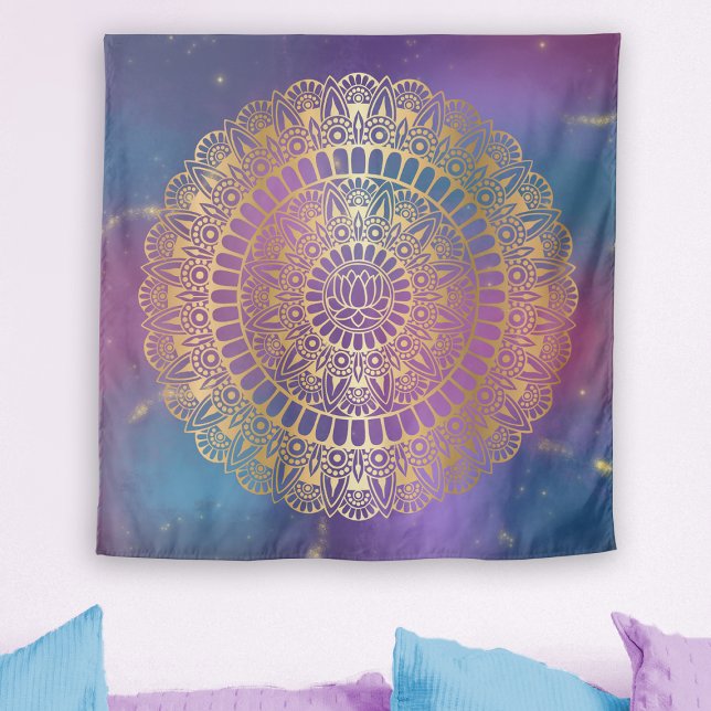 Elegant Gold on Bright Nebula Lotus Henna Mandala Tapestry (Creator Uploaded)