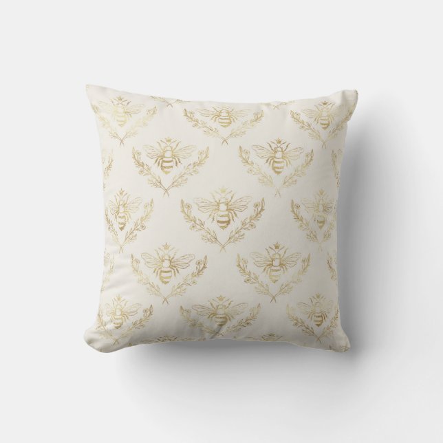 Elegant, Gold on Cream, Bees. Throw Pillow (Front)