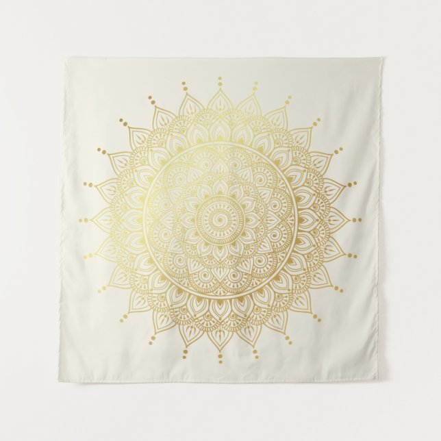 Elegant Gold on Cream Floral Henna Mandala Tapestry (Front)