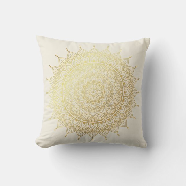 Elegant Gold on Cream Floral Henna Mandala Throw Pillow (Front)