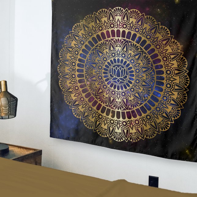 Elegant Gold on Dark Nebula Lotus Henna Mandala Tapestry (Creator Uploaded)