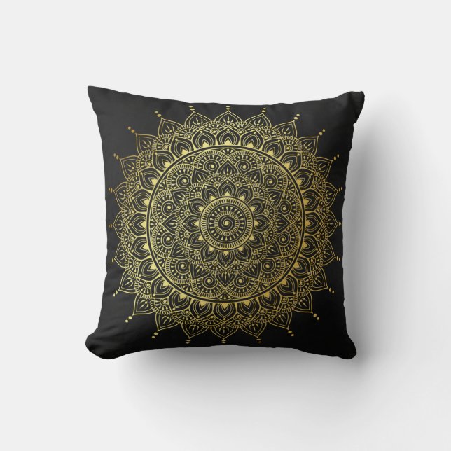 Elegant Gold on Soft Black Floral Henna Mandala Throw Pillow (Front)