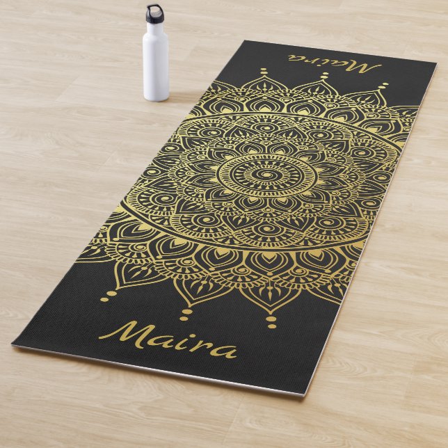 Elegant Gold on Soft Black Floral Henna Mandala Yoga Mat (In Situ)