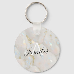 Elegant Gold Opal Gemstone Custom Name Monogram Keychain
