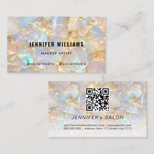Elegant Gold Opal Stone QR Code Beauty Salon Business Card (Front/Back)