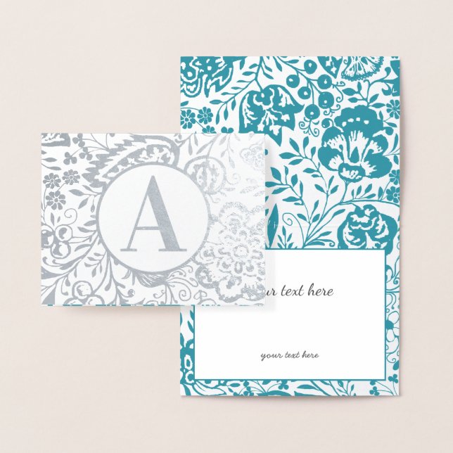 Elegant Gold or Silver Teal Floral Monogram Foil Card (Display)