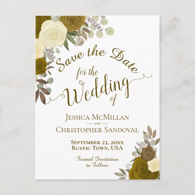 Elegant Gold or Yellow Roses Wedding Save the Date Announcement Postcard (Front)