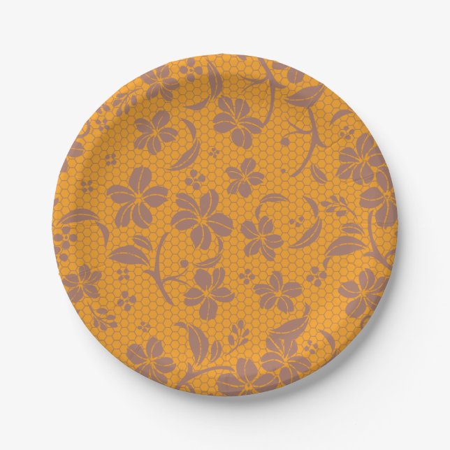 Elegant Gold Orange Lacey Design Paper Plate (Front)